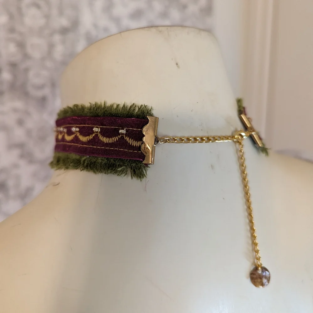 Handmade Jewel Tone Rosette Plum and Olive Green Chiffon & Velvet Floral Choker - Picture 7 of 10